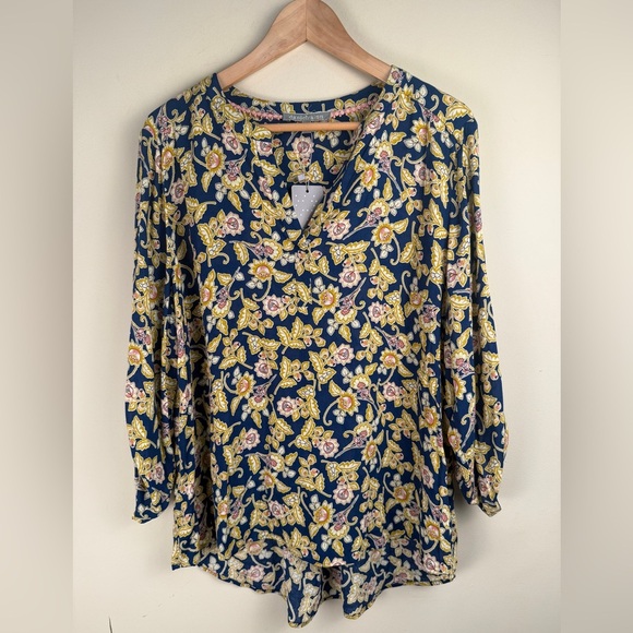 Daniel Rainn NWT Women's Floral V-Neck Rayon Blouse Roll Tab Sleeve Size XL BOHO - Picture 2 of 11